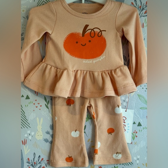 Cat & Jack Other - Cat & Jack Newborn Peplum Top and Bell Bottom Duo NWT. Super soft. Pumpkin print